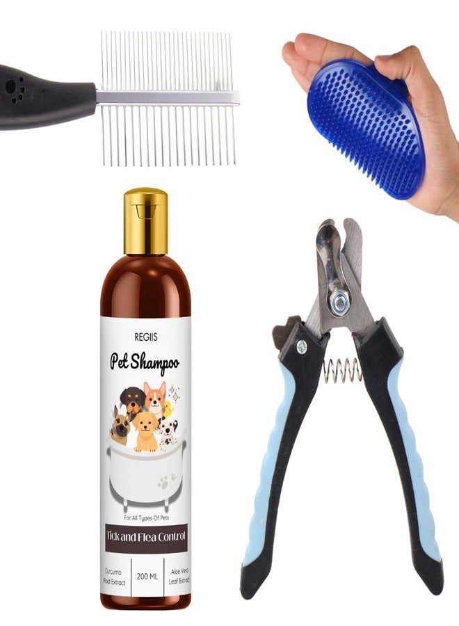 REGIIS Pet Grooming Kit, 4-Piece Set with Tick and Flea Control Shampoo, Metal Comb, Nail Clipper, Massage Brush for Dogs - Image 1